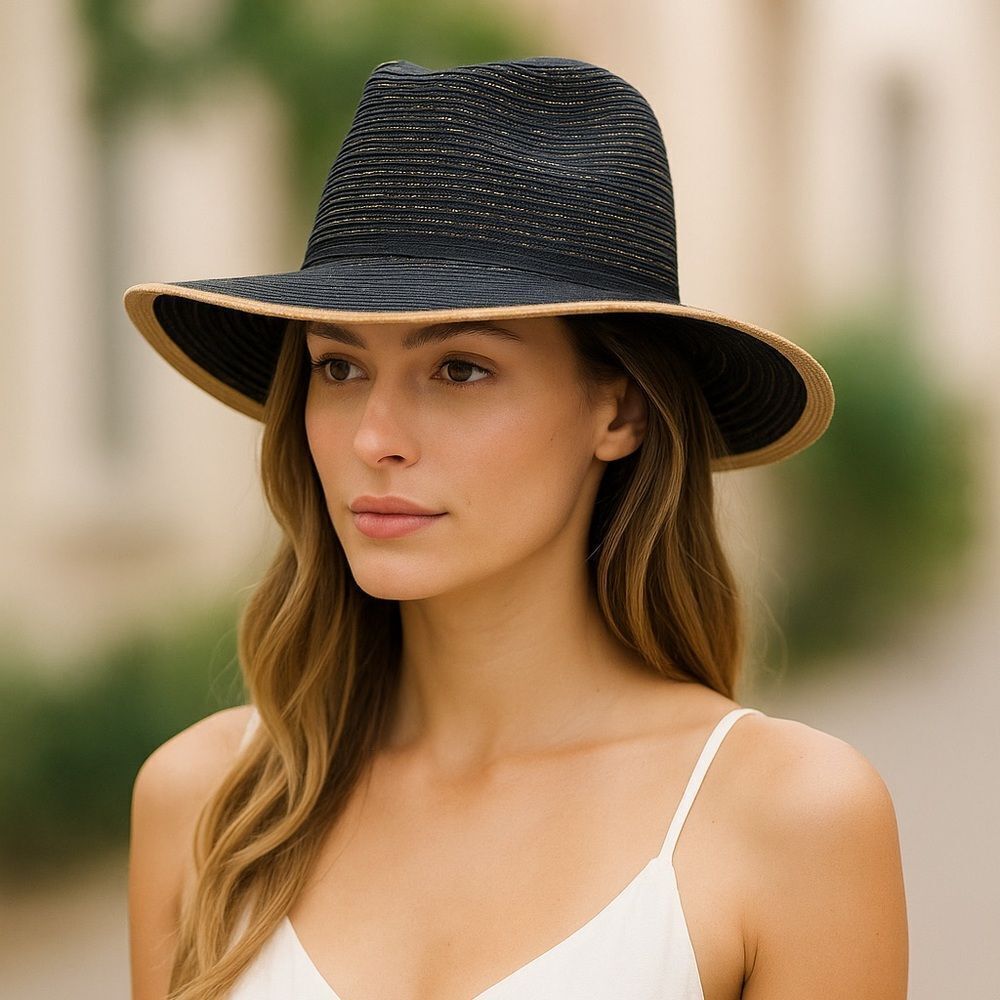 San Diego Hat Company Black & Gold Wide Brim Fedora – Women’s O/S ✨
